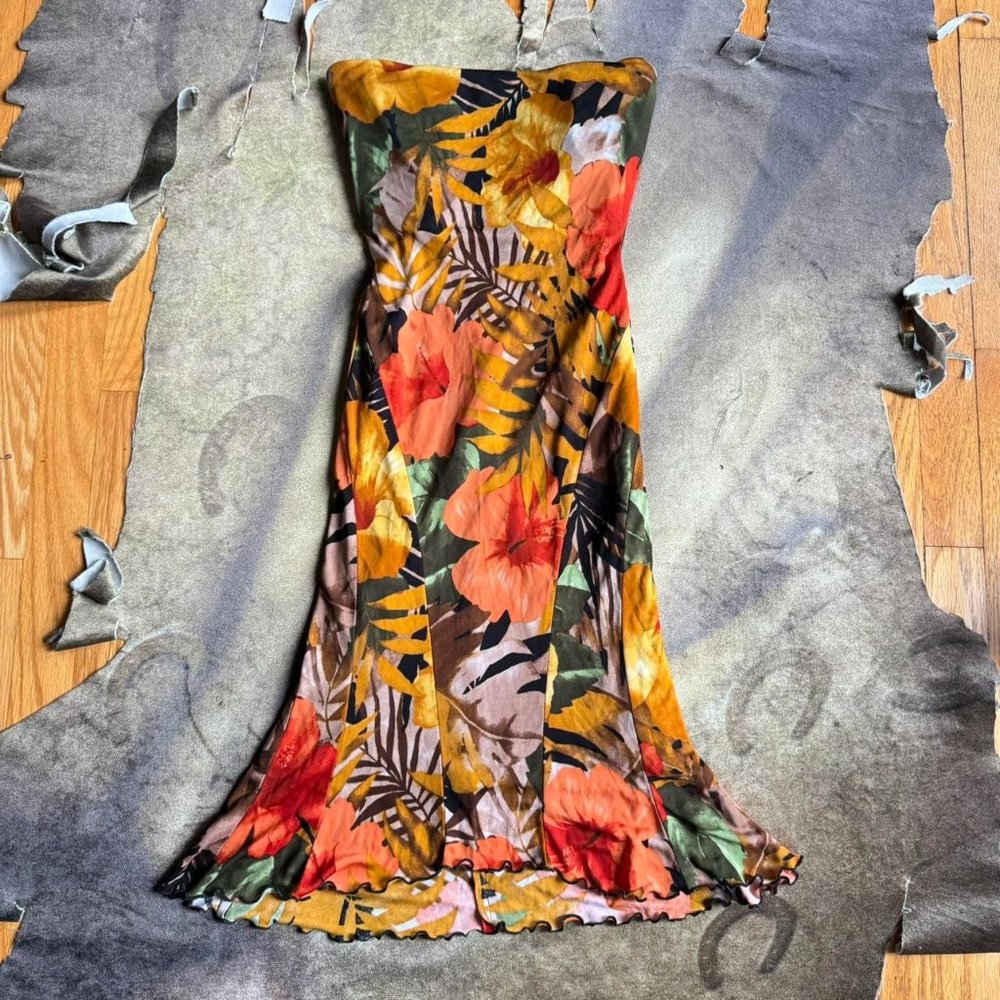 y2k tropical babe floral print body con midi dress by cache sz 2